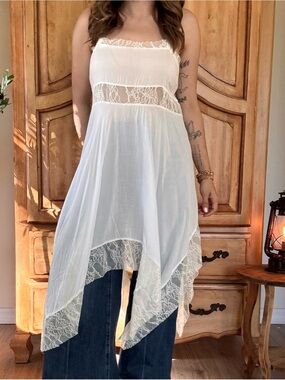 Vintage free people Lace-Trim Handkerchief Midi Dress with Spaghetti Straps